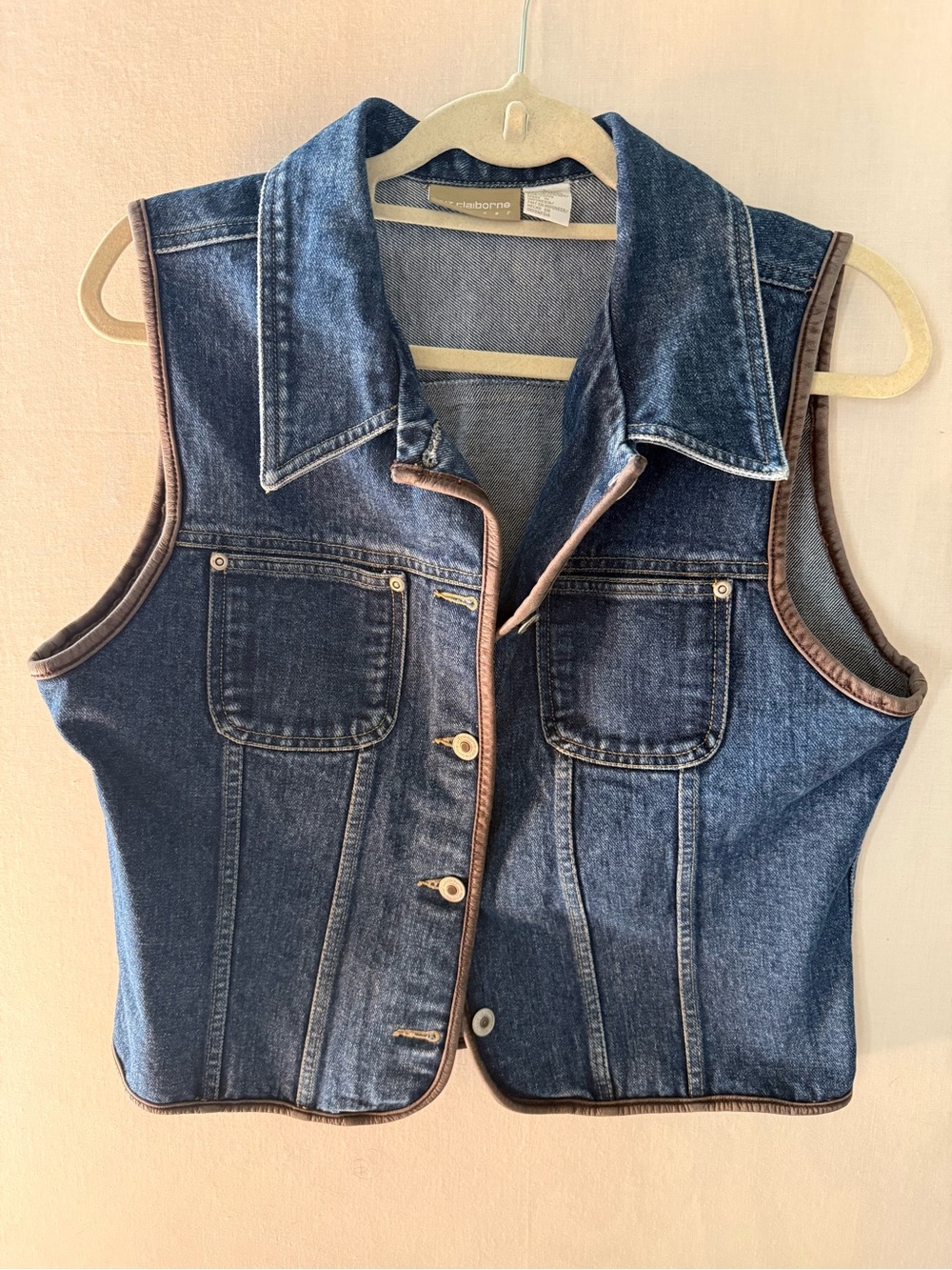 Vtg 90s Liz Claiborne Lizwear Denim Vest Leather Trim L